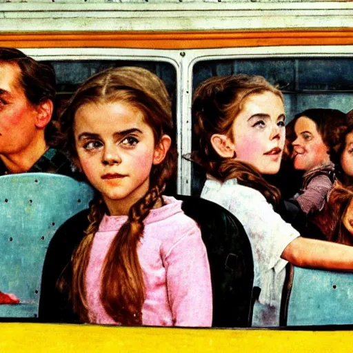 Image similar to Emma Watson driving a school bus full of Emma Watsons, Norman Rockwell