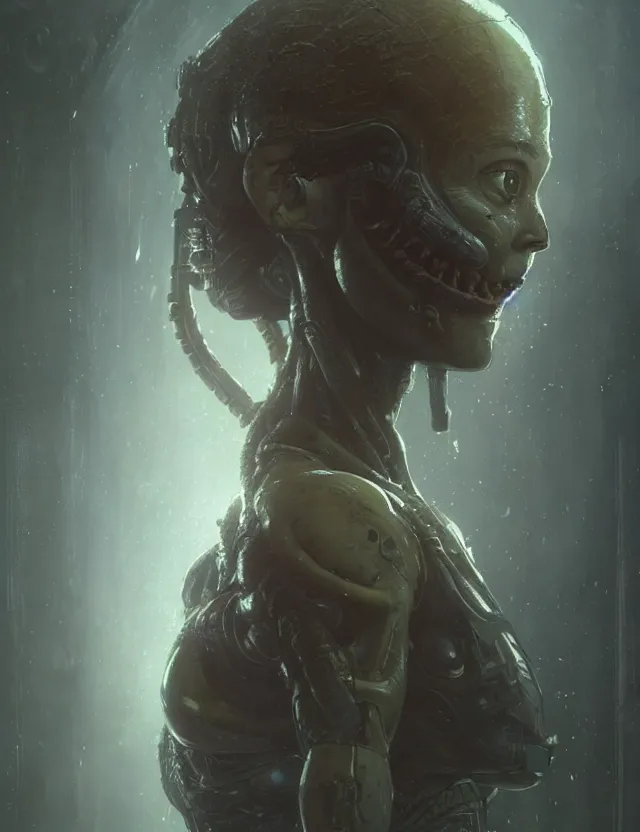 Image similar to a young woman studying from alien isolation concept art, art by ryo shiotani and greg rutkowski, intricate, beautiful, cute, cinematic lighting, vintage art by serge ivanoff, high resolution, very detailed