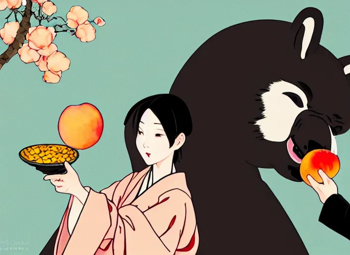 Prompt: ink painting of a girl wearing a kimono giving a peach to a large anthropomorphic asian black bear, featured in artstation, artgerm, octane render, award winning, cinematic, elegant, intricate, 8 k, close up, in the style of studio ghibli and heikala and alphonse mucha,