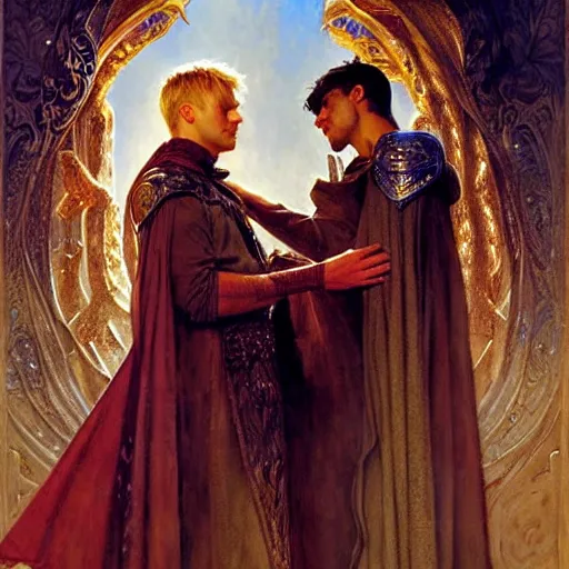 Image similar to stunning arthur pendragon in love with stunning male merlin the mage. they are close to each other, touching, looking. highly detailed painting by gaston bussiere, craig mullins, j. c. leyendecker