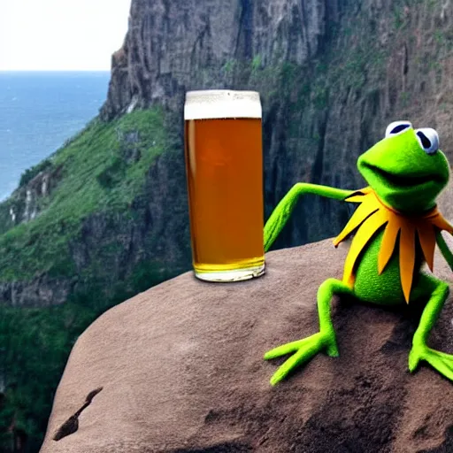 Image similar to kermit the frog drinking a beer on the edge of a cliff