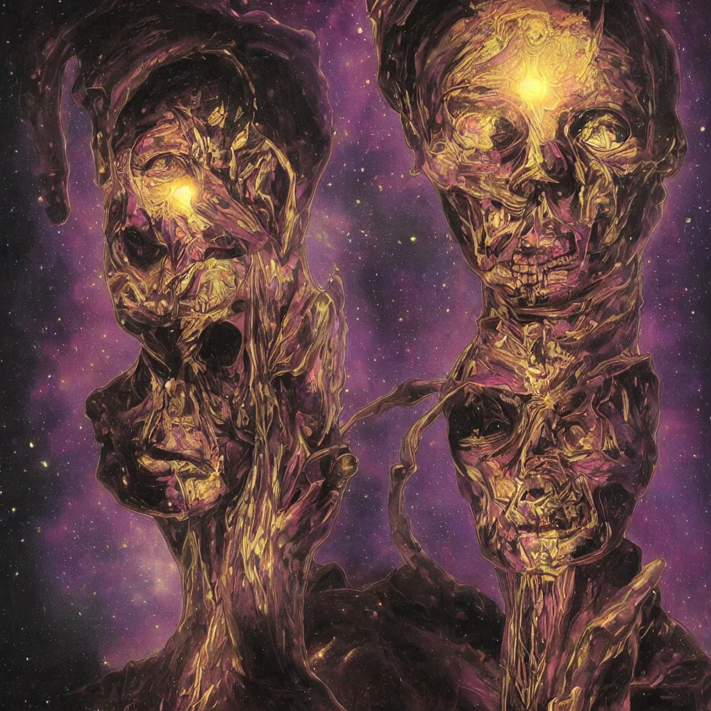 Image similar to intense glowing egyptian mummy god with ancient bandages and intense black eyes with a skull in very dark cosmic nebula by artgerm and beksinski and alphonse mucha, portrait, centered, symmetrical, clear, light beams, lens flare, intense, pharoah, uhd, amazing depth, cinematic lighting, black and purple and shining gold