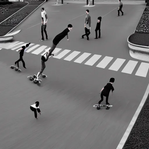 Image similar to skateboarding with friends doing varial flips, in the style of artgerm, Ryoji Ikeda, Riyoko Ikeda, 3d render, artstation trending, 8k, octane render, photorealistic, sharp detail, manga