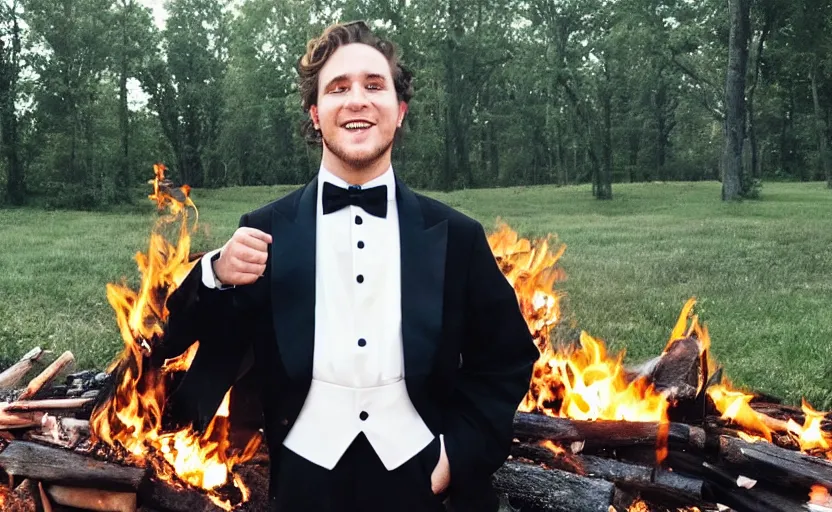 Prompt: a man wearing a tuxedo sitting in the middle of a bonfire, green eyes, smiling