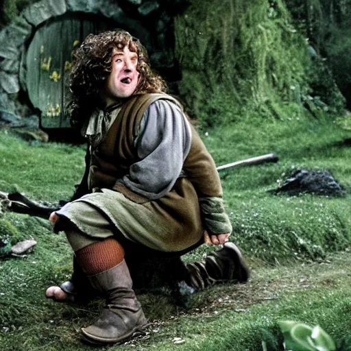 Image similar to Bartook is a twenty-something hobbit with curly brown hair who is slightly overweight, high resolution film still, movie by Peter Jackson