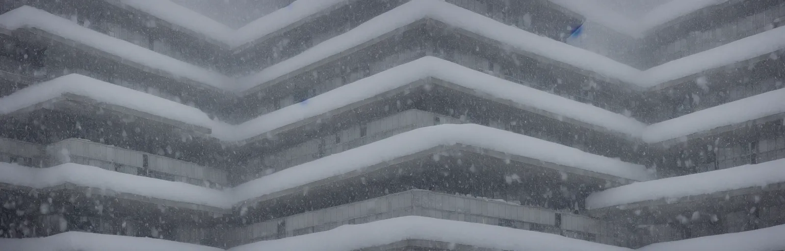 Image similar to snow falling on complex, geometric brutalist buildings, fragmented architecture, diagonal shapes, complex ramps, balconies, stairways, sharp focus, clear focus, beautiful, award winning architecture, le corbusier, frank lloyd wright, snow, fog, mist, hopeful, quiet, calm, serene