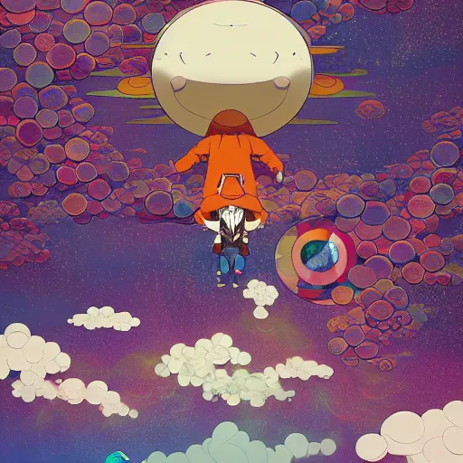 Image similar to a man walking on clouds above kyoto by takashi murakami, beeple and james jean, aya takano color style, 4 k, super detailed