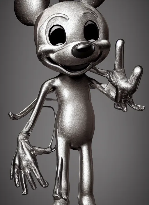 Image similar to stylized shiny polished silver statue full body extra limbs bizarre cosmic horror demonic demon made of marble of disney character mickey mouse, perfect symmetrical body, perfect symmetrical face, hyper realistic, hyper detailed, by johannen voss, by michelangelo, octane render, blender, 8 k, displayed in pure white studio room