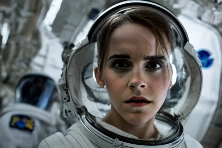 Image similar to promotional image of Emma Watson as an astronaut in Interstellar (2014 film), detailed face, movie still, promotional image, imax 70 mm footage