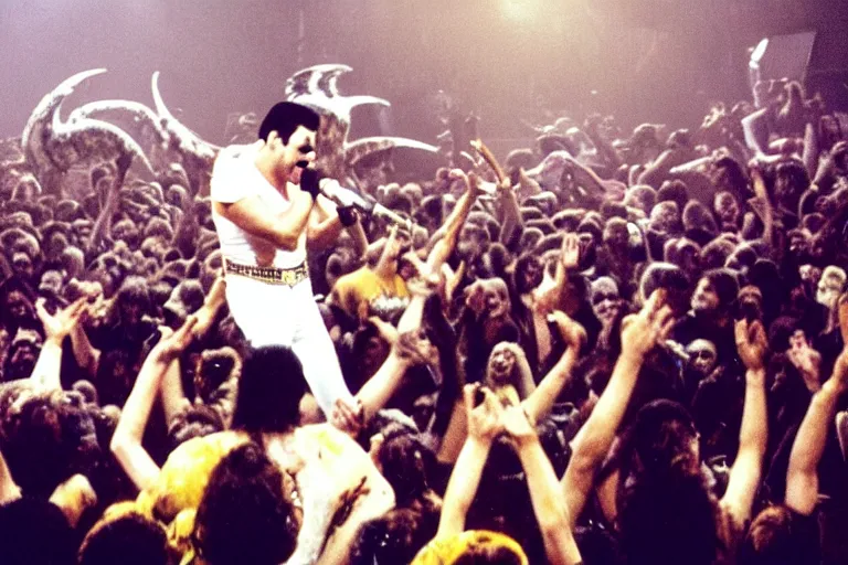 Image similar to freddie mercury singing at a death metal punk concert. mosh pit, elaborate clothing, violent rock concert yellow and white clothing, huge angel wings - s 1 5 0