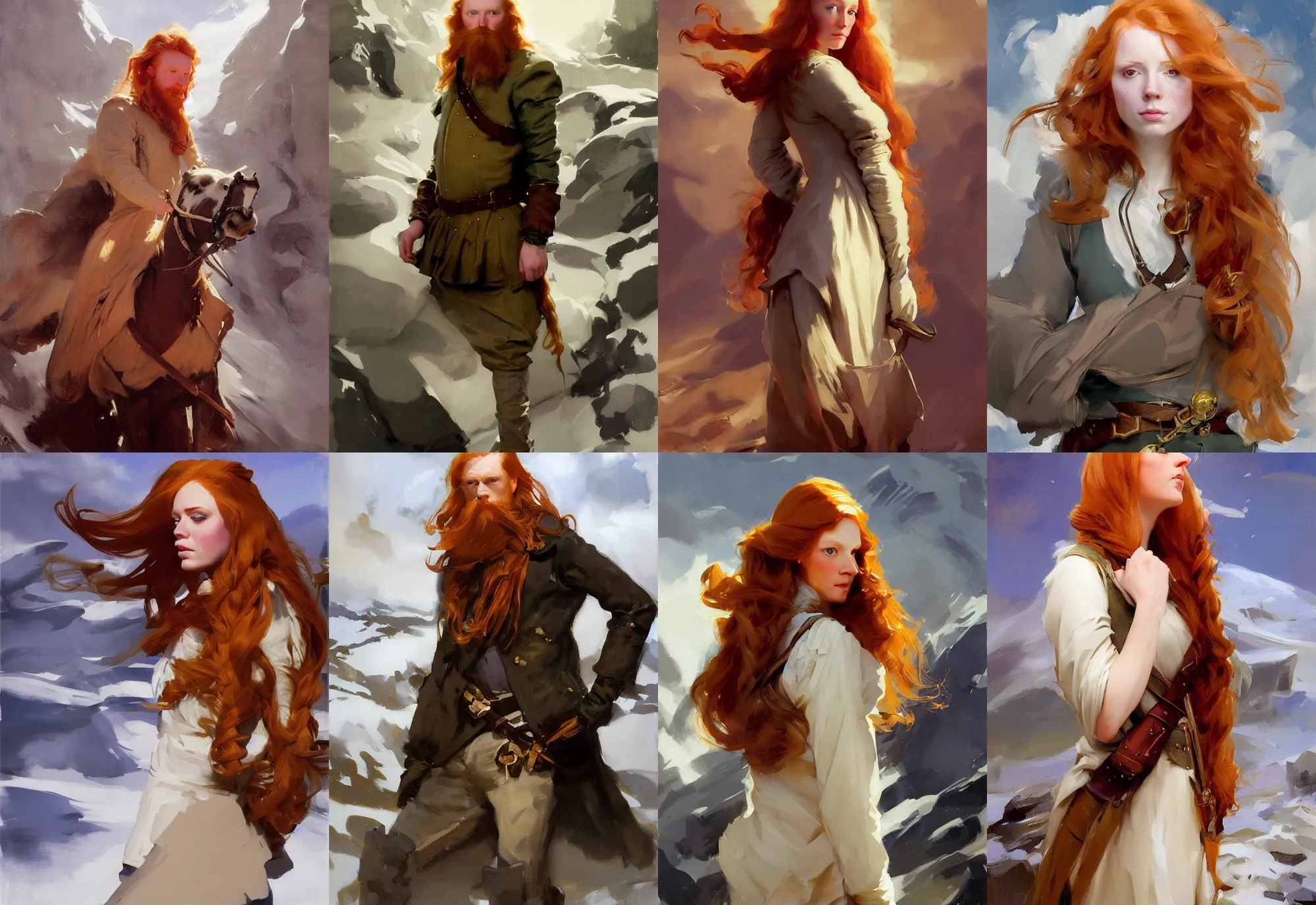 Prompt: portrait of ireland norway long ginger hair model girl jodhpurs hyperborea winter traveler treasure hunter greg manchess painting by sargent and leyendecker, fantasy, medium shot, asymmetrical, intricate, elegant, matte painting, illustration, hearthstone, by rhads, by greg rutkowski, by greg tocchini, by james gilleard, by joe fenton