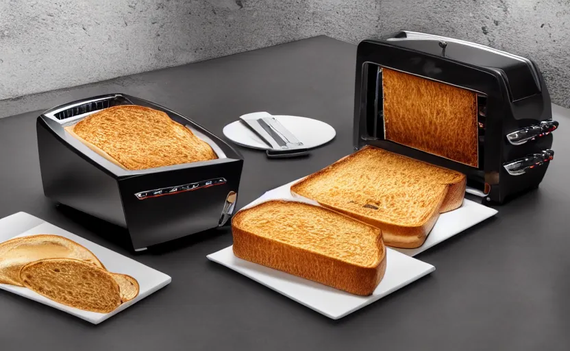 Prompt: a lamborghini brand toaster, sliced bread in slots, professional product shot