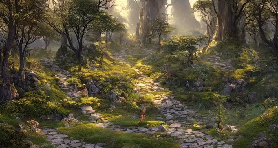 Image similar to Beautiful uplifting glade bg. Elven stone monuments along the pathway. J.R.R. Tolkien's Middle-Earth. Trending on Artstation. Digital illustration. Artwork by Darek Zabrocki and Sylvain Sarrailh. Concept art, Concept Design, Illustration, Marketing Illustration, 3ds Max, Blender, Keyshot, Unreal Engine, ZBrush, 3DCoat, World Machine, SpeedTree, 3D Modelling, Digital Painting, Matte Painting, Character Design, Environment Design, Game Design, After Effects, Maya, Photoshop.