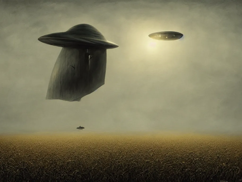 Image similar to Dark fantasy Painting of a UFO spaceship floating over a foggy corn field at night, creepy, unsettling, horror, thriller, mystery, intricate, wild, highly detailed, digital painting, artstation, concept art, smooth, sharp focus, illustration, art by artgerm and greg rutkowski and alphonse mucha