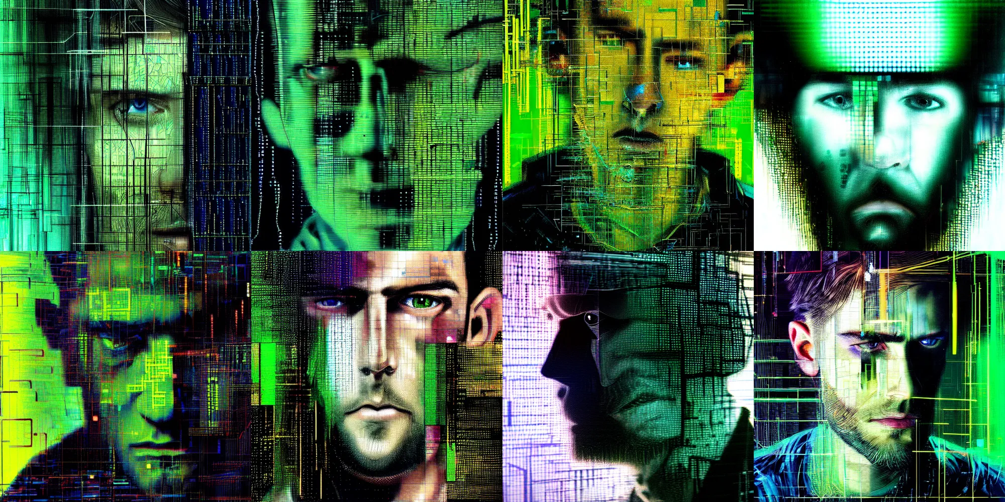 Prompt: hyperrealistic portrait of a cyberpunk man, close up, young adult, medium hair, immersed within a network, glitch eyes, by Guy Denning, Johannes Itten, Derek Gores, Russ Mills, glitch art, hyper focus, fine detail, polished, complex, hacking effects, holographic, digital tech effects, green, color blocking!, realistic, acrylic on canvas, concept art, abstract!, symmetrical, 8k, concept art, octane, cgsociety, trending on artstation