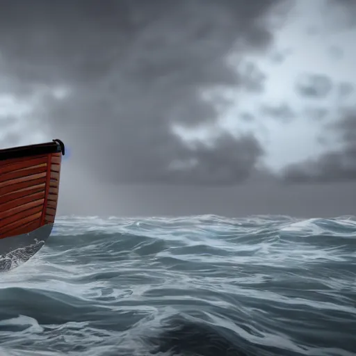 Prompt: a small boat in the middle of a storm at the sea, high detail, 4k, unreal engine