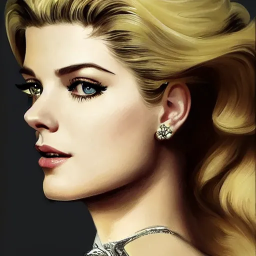 Image similar to A combination of Grace Kelly's and Katheryn Winnick's and Ashley Greene's faces with long eyelash makeup as Solid Snake, western, fantasy, intricate, elegant, highly detailed, digital painting, artstation, concept art, matte, sharp focus, illustration, half body portrait, art by Artgerm and Greg Rutkowski and Alphonse Mucha