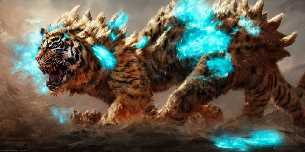 Prompt: Ghostly tiger creature made out of turquoise energy character design sheet, Monster Hunter Illustrations art book, Bright sparks, claws, huge sabertooth fangs, Moebius, Greg Rutkowski, Zabrocki, Karlkka, Jayison Devadas, Phuoc Quan, trending on Artstation, 8K, ultra wide angle, zenith view, pincushion lens effect.
