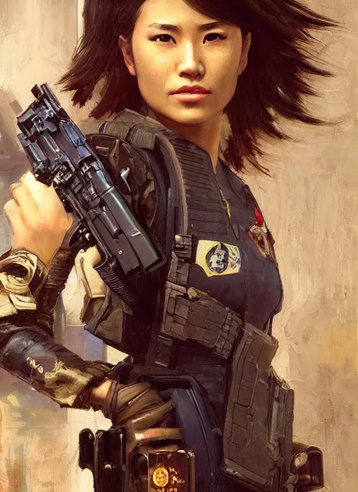 Prompt: Nikki tanaka. beautiful cyberpunk female USN marine wearing a military vest and military stealth suit (cyberpunk 2077, bladerunner 2049). gorgeous face. Iranian orientalist portrait by john william waterhouse and Edwin Longsden Long and Theodore Ralli and Nasreddine Dinet, oil on canvas. Cinematic, hyper realism, realistic proportions, dramatic lighting, high detail 4k