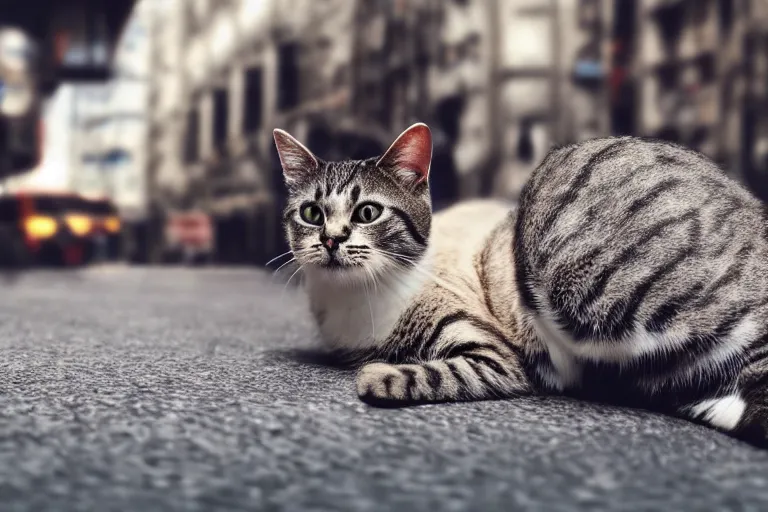 Prompt: professional close-up photo of a cat on the busy streets of a dystopian futuristic city with pedestrians, 4k, octane render, Unreal Engine