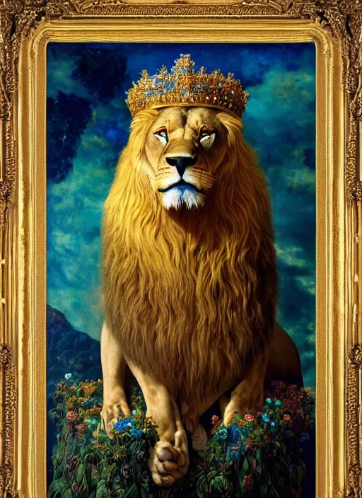 Prompt: A majestic portrait of a lion wearing a crown, on a Baroque throne, titian, Tom Bagshaw, Sam Spratt, maxfield parrish, gustav klimt, high detail, 8k, underwater light rays, intricate, royalty, vibrant iridescent colors, art nouveau, yellow navy teal black and gold