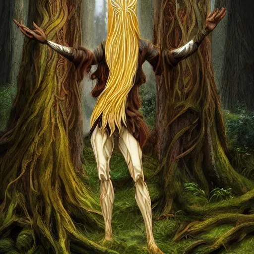 Image similar to A tall slim male wood elf fungus druid posing in a mystical forest, long blonde hair, fungi, glowing, wooden armor, magical, fantasy, medieval, highly detailed, dynamic lighting, cinematic, dramatic, sharp focus, focus on face, masterpiece, trending on artstation, concept art, digital painting