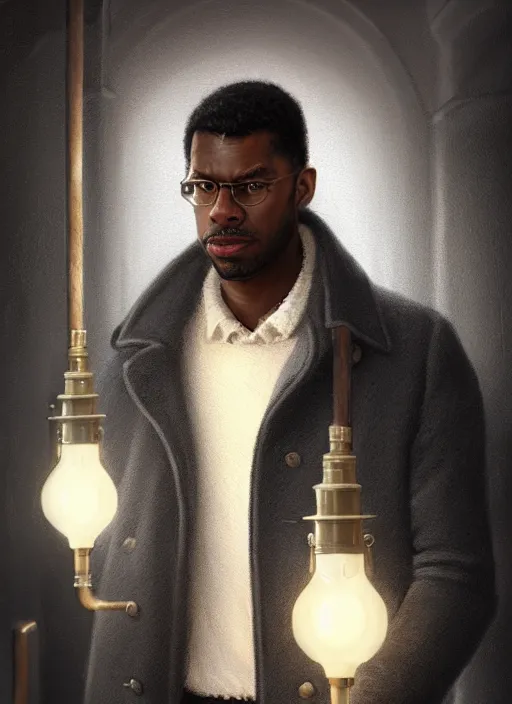 Prompt: portrait of handsome black man wearing grey peacoat, baroque lightbulb idea, middle aged and fit, elegant atmosphere, glowing lights, highly detailed, digital painting, artstation, concept art, smooth, sharp focus, illustration, art by wlop, mars ravelo and greg rutkowski