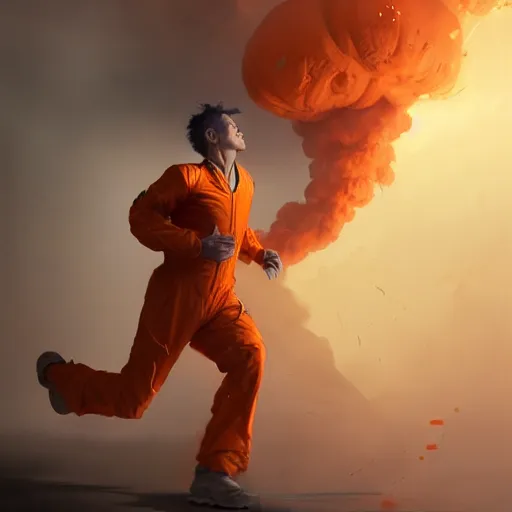 Image similar to commission portrait of a man in an orange jumpsuit,running away from smoke in a laboratory.,character design by charles bowater,greg rutkowski,ross tran,hyperdetailed,hyperrealistic,4k,deviantart,artstation,professional photography,concept art