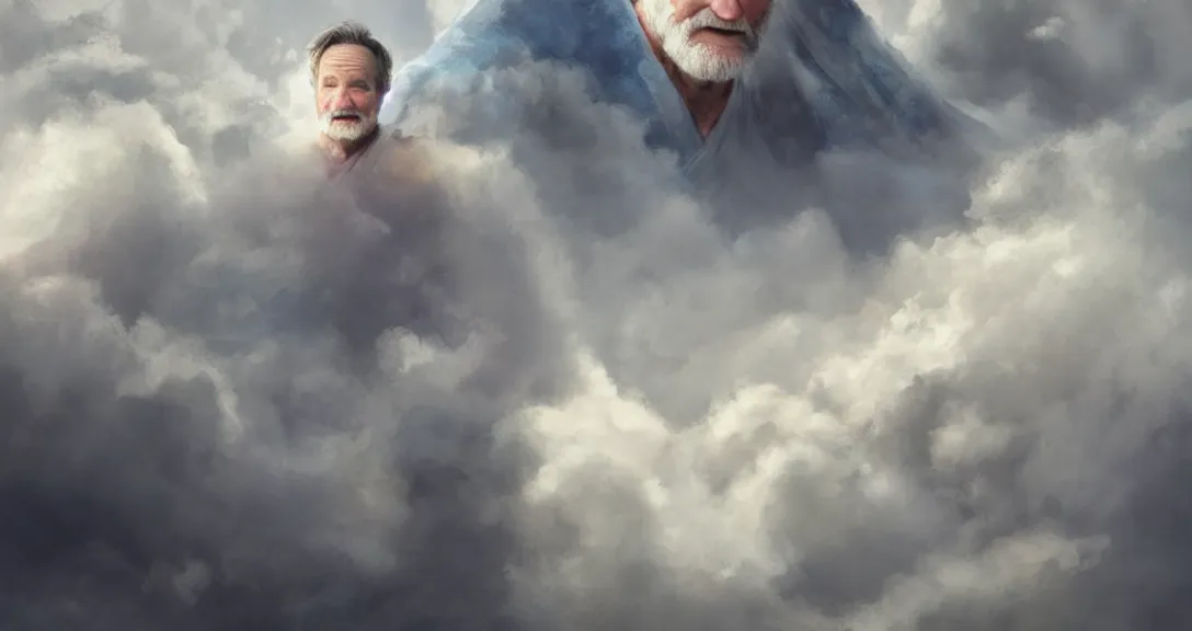 Image similar to robin williams is god, white beard, clouds, heaven, blue eyes, white robe, intricate, detailed, volumetric lighting, scenery, digital painting, highly detailed, artstation, sharp focus, illustration, concept art, ruan jia, steve mccurry