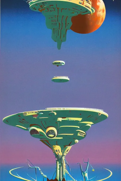 Prompt: 7 0 s travel poster for an extraterrestrial system destination, roger dean