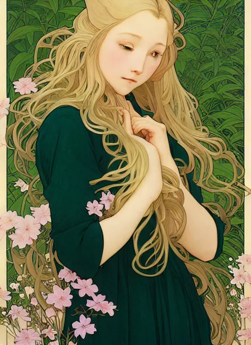 Prompt: pretty young woman with long blond hair, half body shot, path traced, highly detailed, high quality, digital painting, by studio ghibli and alphonse mucha, leesha hannigan, hidari, art nouveau, chiho aoshima, jules bastien - lepage