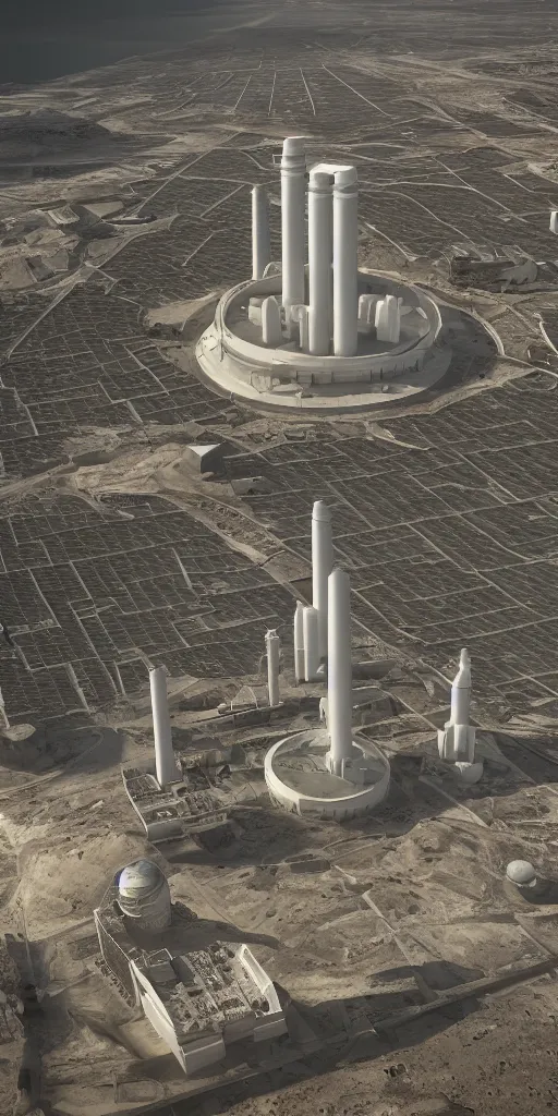 Prompt: realistic nuclear base, tower of babylon destroyed, white architecture, cerro dominador radial vertical solar power plant in the desert, trending on artstation, featured on behance, octane render, award winning, archviz, matte painting, epic, blender render, unreal engine