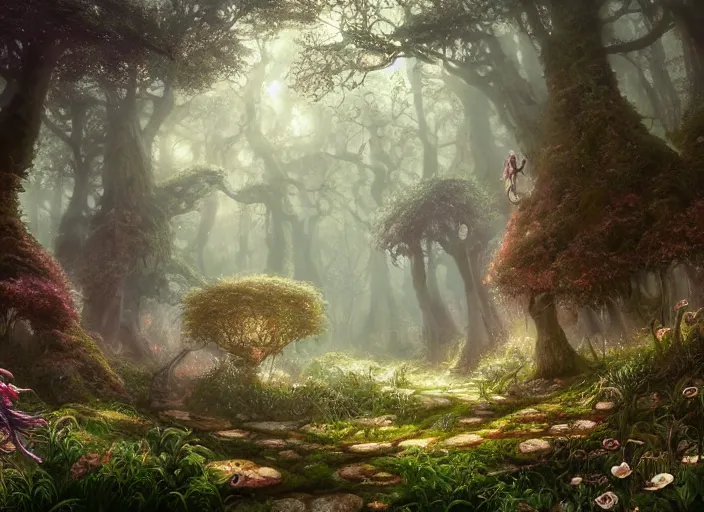 Image similar to desktop background, magical fantasy forest, saytr, path traced, highly detailed, high quality, digital painting, by studio ghibli, lise deharme, alexander jansson, paul lehr, tim white, hans zatzka, george stubbs, louis wain