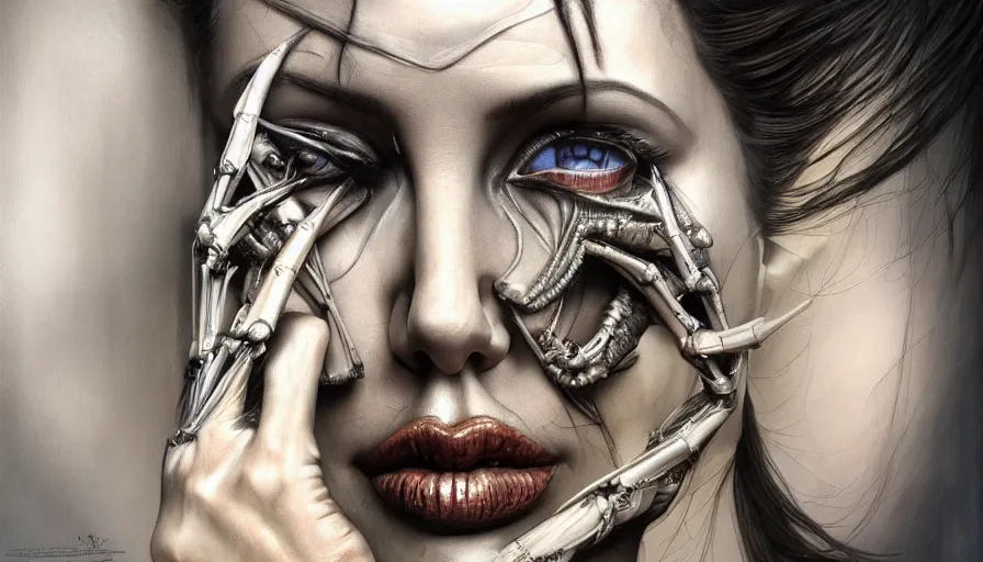 Image similar to angelina jolie by roger dean, by hr giger, biomechanical, profile portrait, hyper detailed, hyperrealism, deviantart, artstation, 4 k, highly detailed, vray rendering, unreal engine