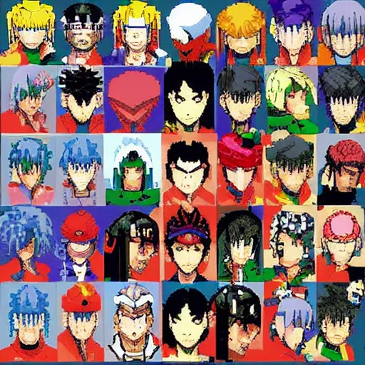 Image similar to pixel art of street fighter alpha 3 character select featuring a bunch of characters from tsutomu nihei