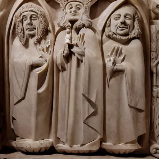 Prompt: top down view the sarcophagus of the medieval king danny devito, carved in alabaster, church interior, hd