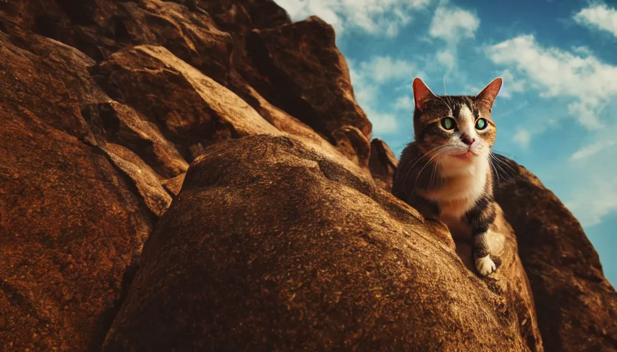 Image similar to a cat standing on the peak of a mountain range, looking up, realistic, epic lighting, epic composition, 4 k