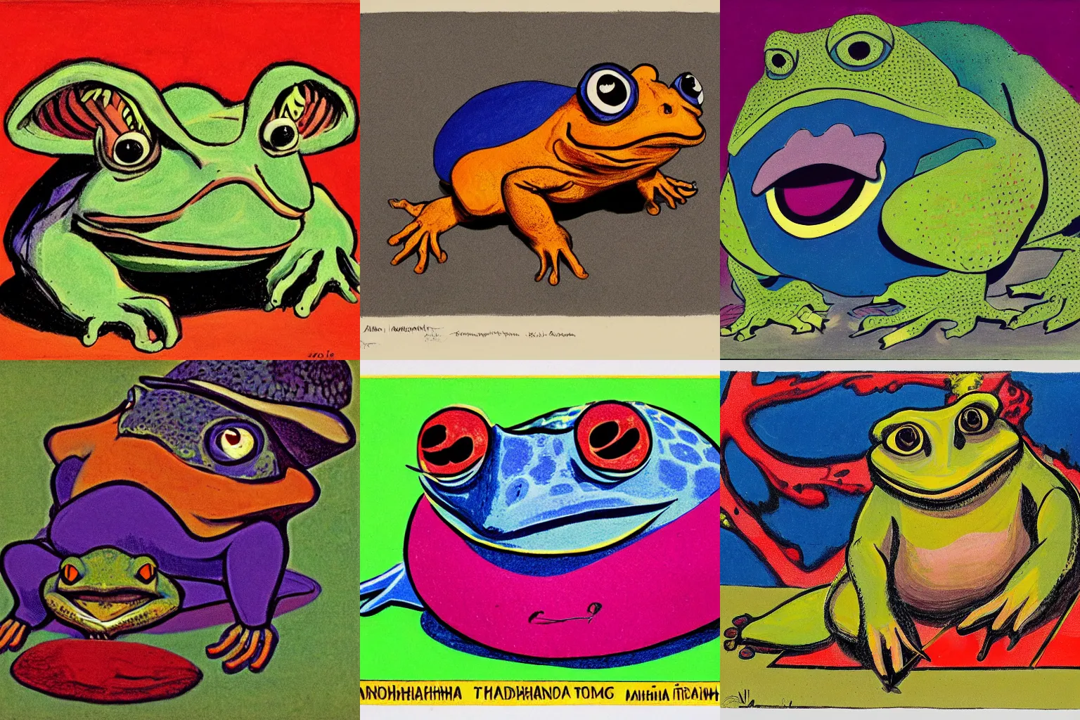 Prompt: anthropomorphic toad, rich in details, balanced composition, coarse texture, concept art, visible strokes, colorful, art by Kirchner, Gaughan, Caulfield, Aoshima, Earle