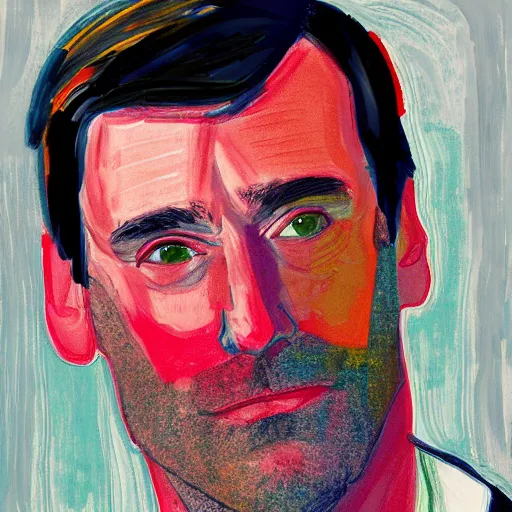 Image similar to portrait of jon hamm by david hockney and peter doig