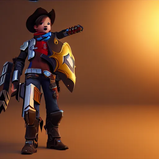 Prompt: a young boy with the appearance and armor of mccree from overwatch, design, octane render, 4 k, ingame shot