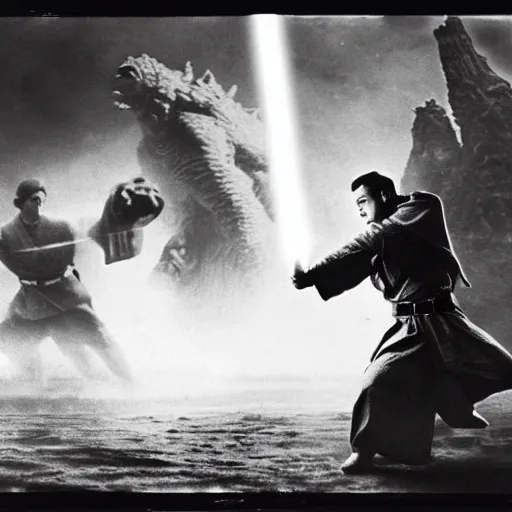 Prompt: Jedi fighting Godzilla, 1940s photograph