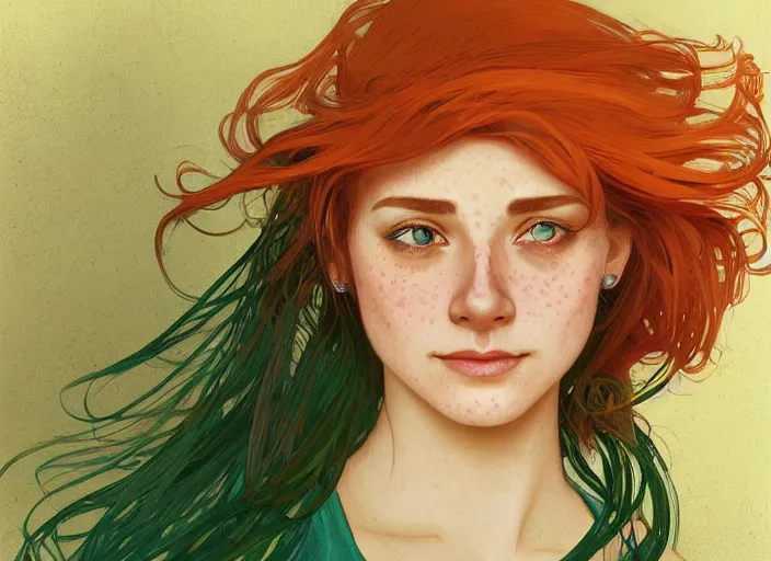 Image similar to portrait of a beautiful smiling girl with orange hair and freckles, green eyes, highly detailed, digital painting, concept art, smooth, sharp, focus, background is purple, trending on deviantart, alphonse mucha