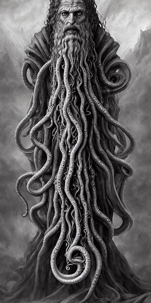 Image similar to a wizard that is slowly transforming into a tentacle monster, matte oil painting, by leonardo da vinci, concept art, d & d, robes, fantasy, fog, sharp focus, eldritch, award - winning, extremely detailed, 4 k, 8 k