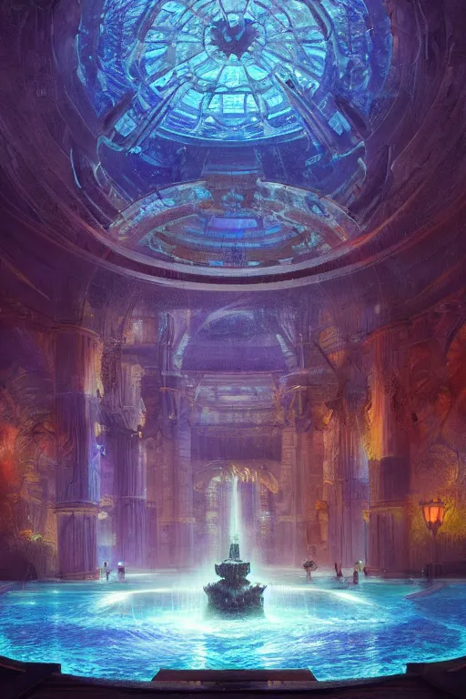 Image similar to inside of an atlantis palace, bioluminescent light, fountain, crystals, intricate, elegant, volumetric lighting, digital painting, highly detailed, artstation, sharp focus, illustration, concept art, ruan jia, steve mccurry