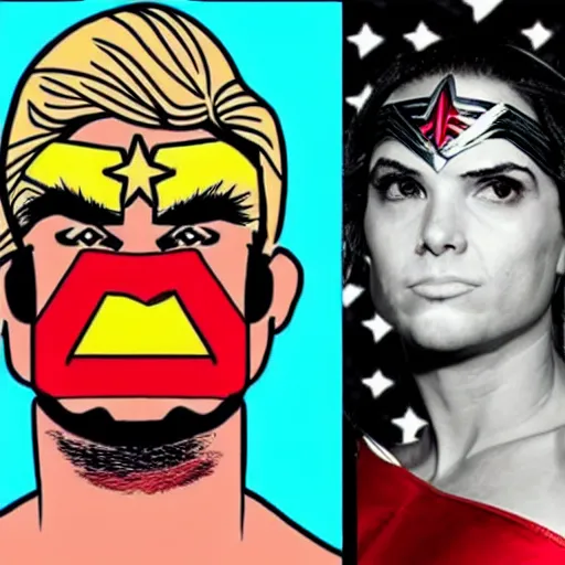 Image similar to donald trump as wonder woman but with facial tattoos like a soundcloud rapper