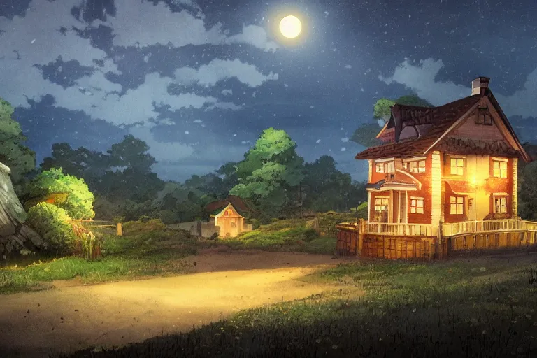 Image similar to A highly detailed matte painting of a lone house at night, forest, beautiful scenery, gas lamps, by Studio Ghibli