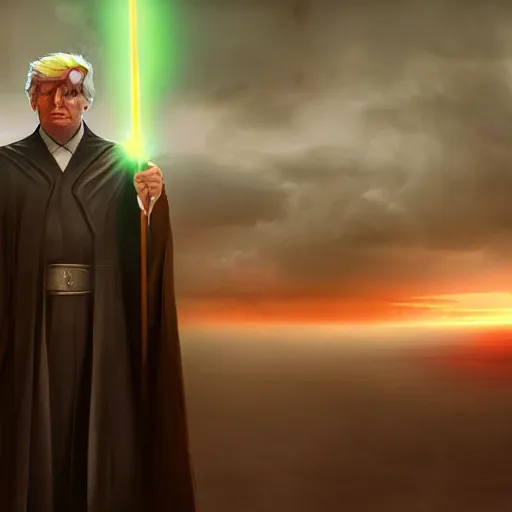 Image similar to a matte painting of Donald Trump as a jedi hero, marvel cinematic universe concept art, good value control, concept art, digital painting, sharp focus, symmetrical, 4k, illustration, rule of thirds, sci-fi, elden ring, centered, moody colors, moody lighting, atmospheric