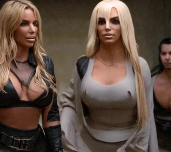 Image similar to a movie still of kim kardashian and britney spears as a prisoner in the movie star wars