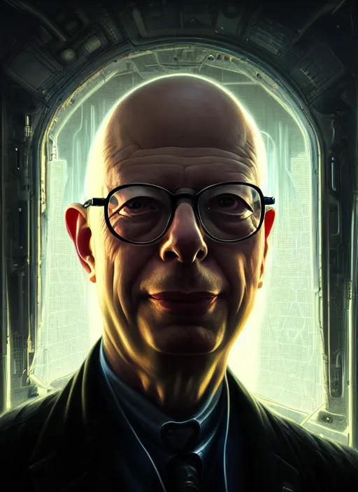 Prompt: closeup portrait shot of a cyberpunk klaus schwab in a scenic dystopian environment, intricate, elegant, highly detailed, centered, digital painting, artstation, concept art, smooth, sharp focus, illustration, artgerm, tomasz alen kopera, peter mohrbacher, donato giancola, joseph christian leyendecker, wlop, boris vallejo