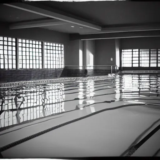 Prompt: an empty indoor swimming, 35mm film
